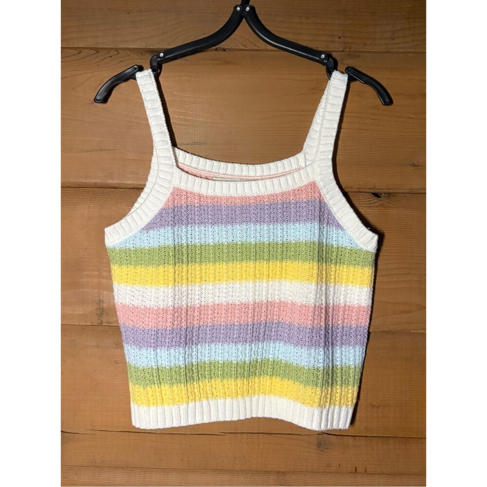 Pastel Rainbow Stripe Tank- Size L- Crop Top- Cotton Emporium